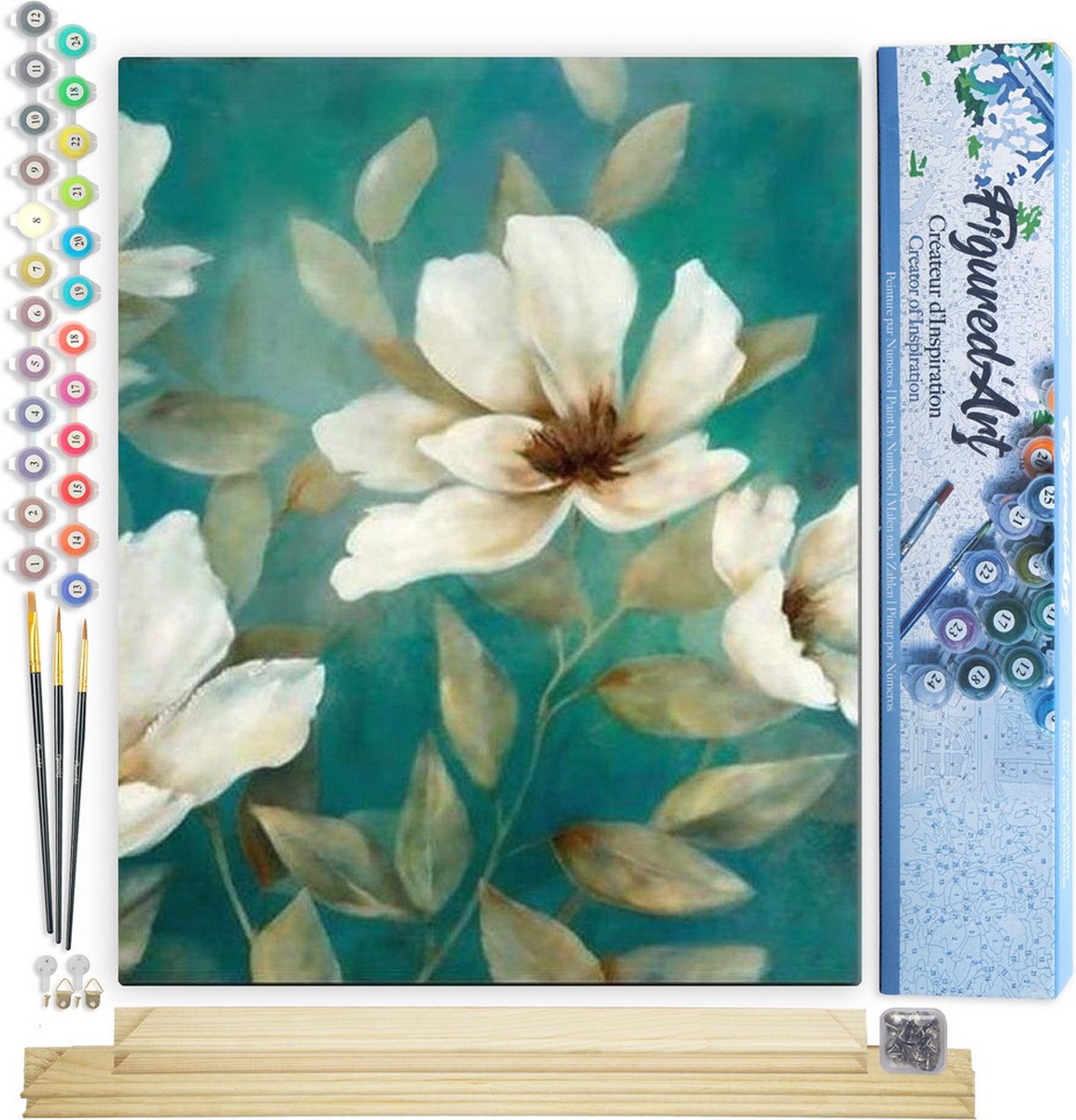 FiguredArt Schilderen op Nummer Volwassenen canvas Witte Bloem 1 - Handwerk acrylverf Kit DIY Compleet - 40x50cm met DIY houten lijst